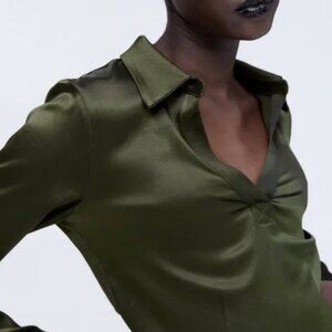 Zara satin effect long sleeve collared green blouse - Medium